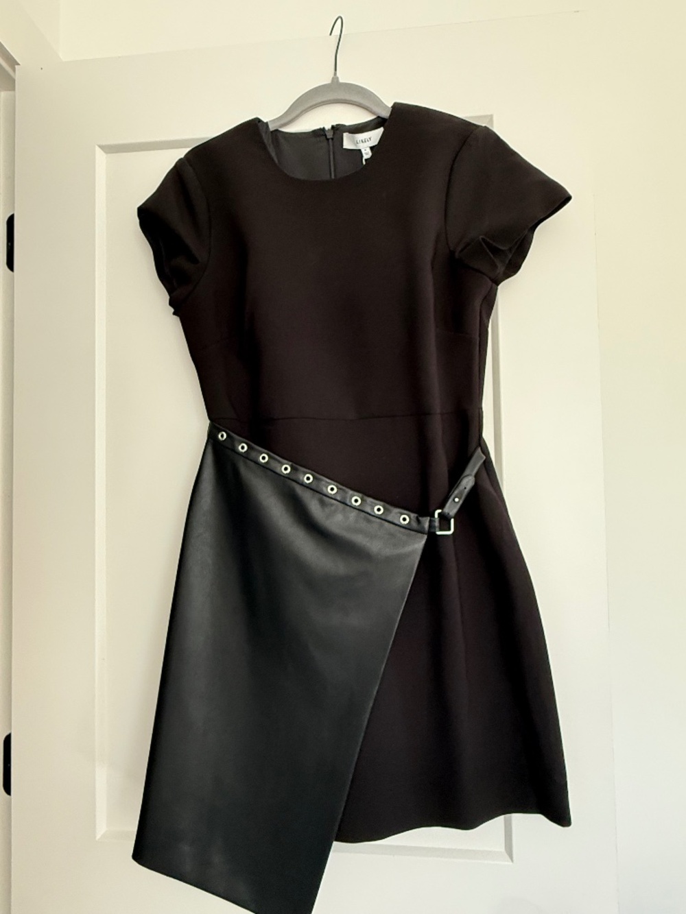 NWT LIKELY Black Faux Leather Wrap A-Line Dress Size 6